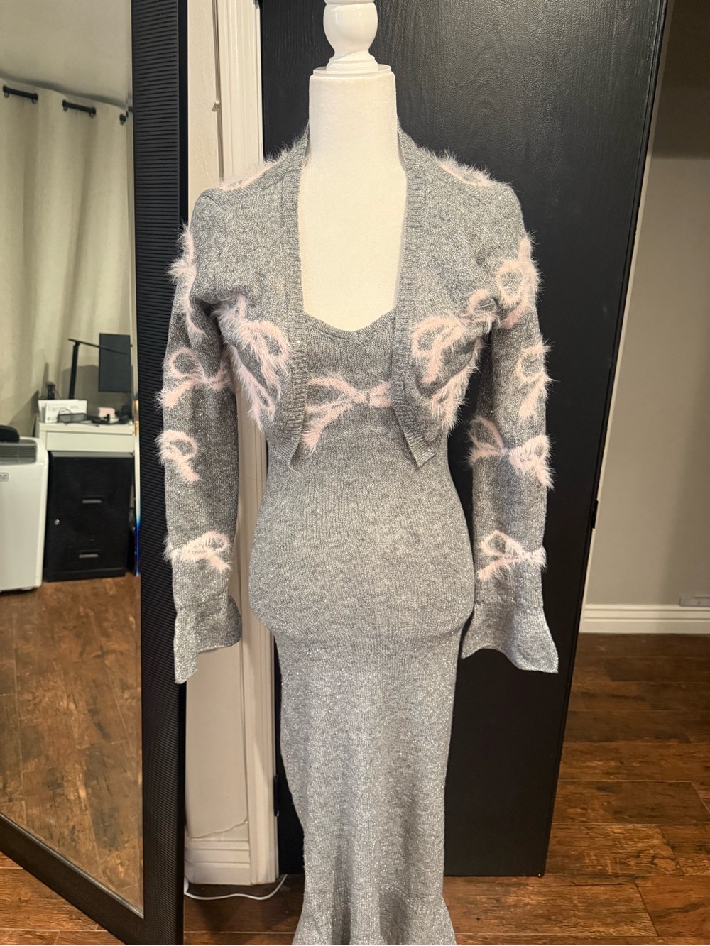 Fashion Nova Gray Knit Spaghetti-Strap Maxi Dress with Pink Bow
